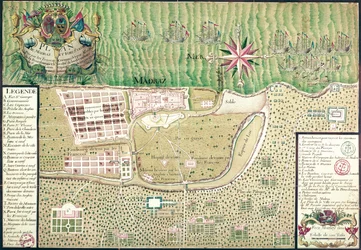 Mappa di Madras al momento della cattura della città e del Forte di San Giorgio nel 1746 da parte dei francesi sotto il comando di Mahe de la Bourdonnais, 1750